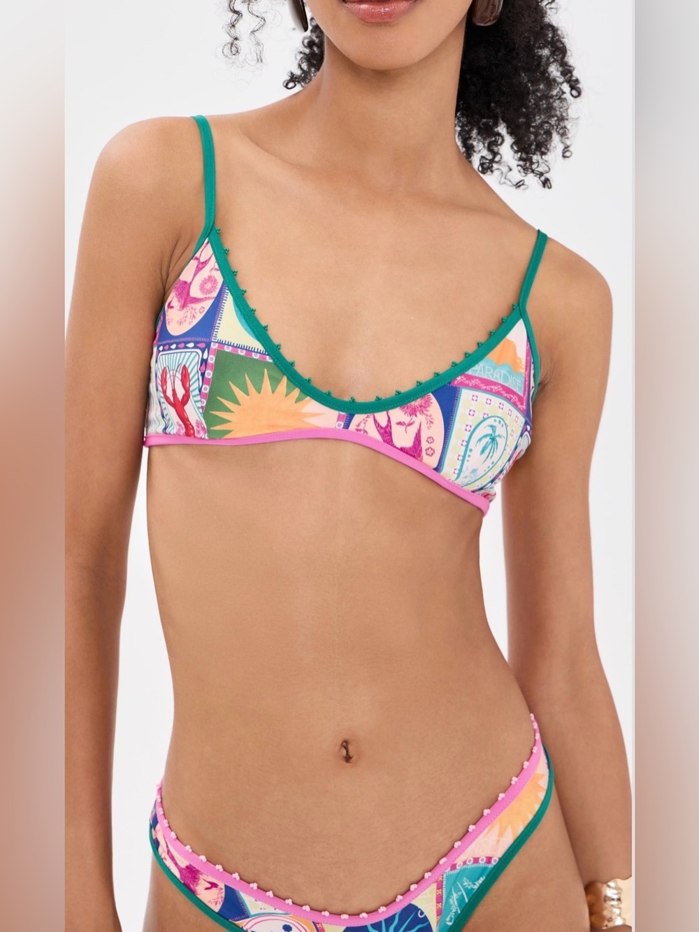 Agua Bendita Multicolor Patchwork Print Bikini with Beaded Trim